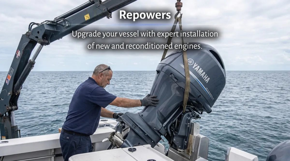 Marine technician performing 100 200 300 hour outboard motor maintenance, replacing oil filter during routine boat engine service.