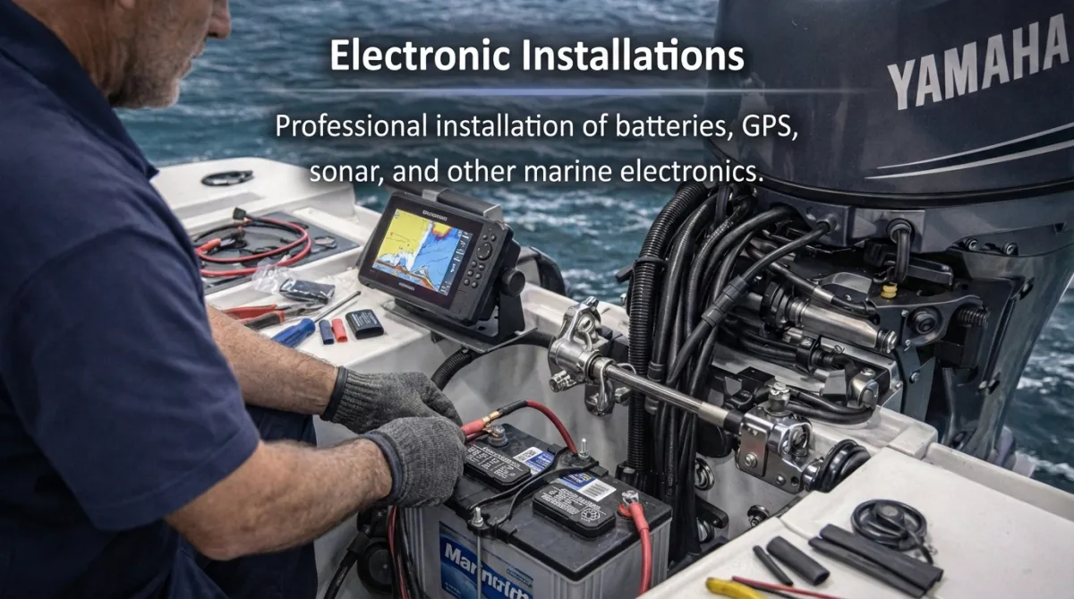 Marine technician performing an electronic installation on Yamaha outboard motor, for optimal performance