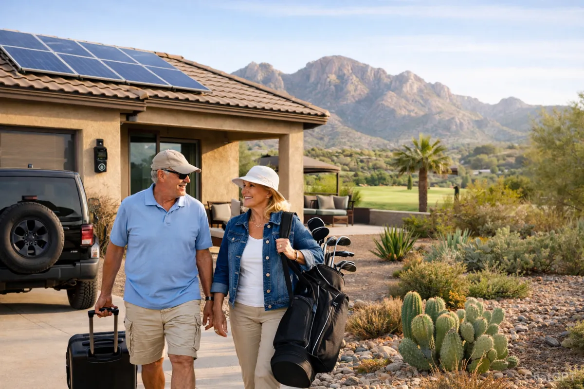 Older couple in their 60s walking down a driveway in Tucson, Arizona with a rolling suitcase and golf bag, smiling at each other in front of a single-story home with solar panels, desert landscaping, a Jeep in the driveway, and mountain views in the background.