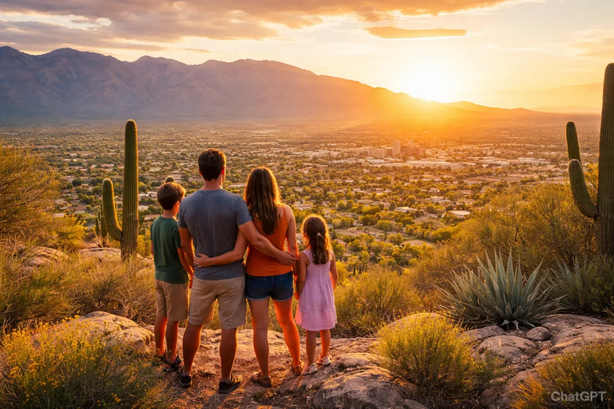 Family of four overlooking Tucson Arizona at sunset with saguaro cacti in the foreground and the Santa Catalina Mountains glowing in the background, capturing the desert lifestyle and scenic beauty that attracts families relocating to Southern Arizona.