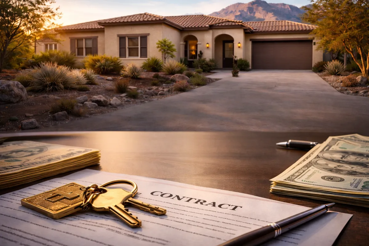 Luxury home sale negotiation concept in Marana Arizona with contract, house keys, and cash on table at sunset