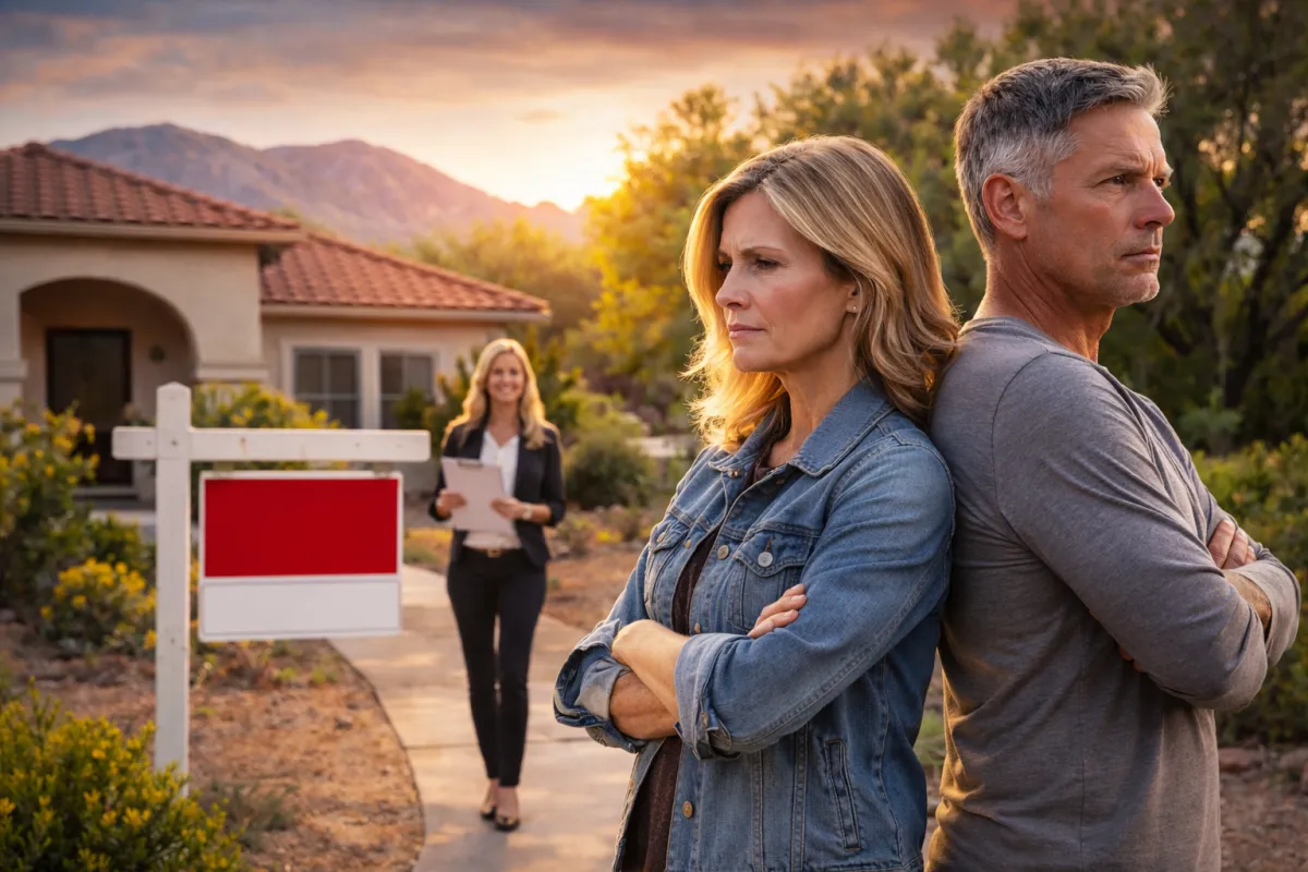 Divorcing couple standing outside an Oro Valley Arizona home with a real estate agent and for-sale sign, representing selling a house during divorce in Tucson real estate market.