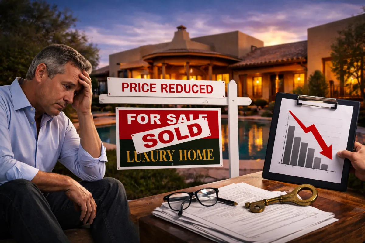 Frustrated homeowner sitting beside a luxury house with a pool, reviewing declining real estate market data and paperwork, symbolizing challenges in selling a high-end home.