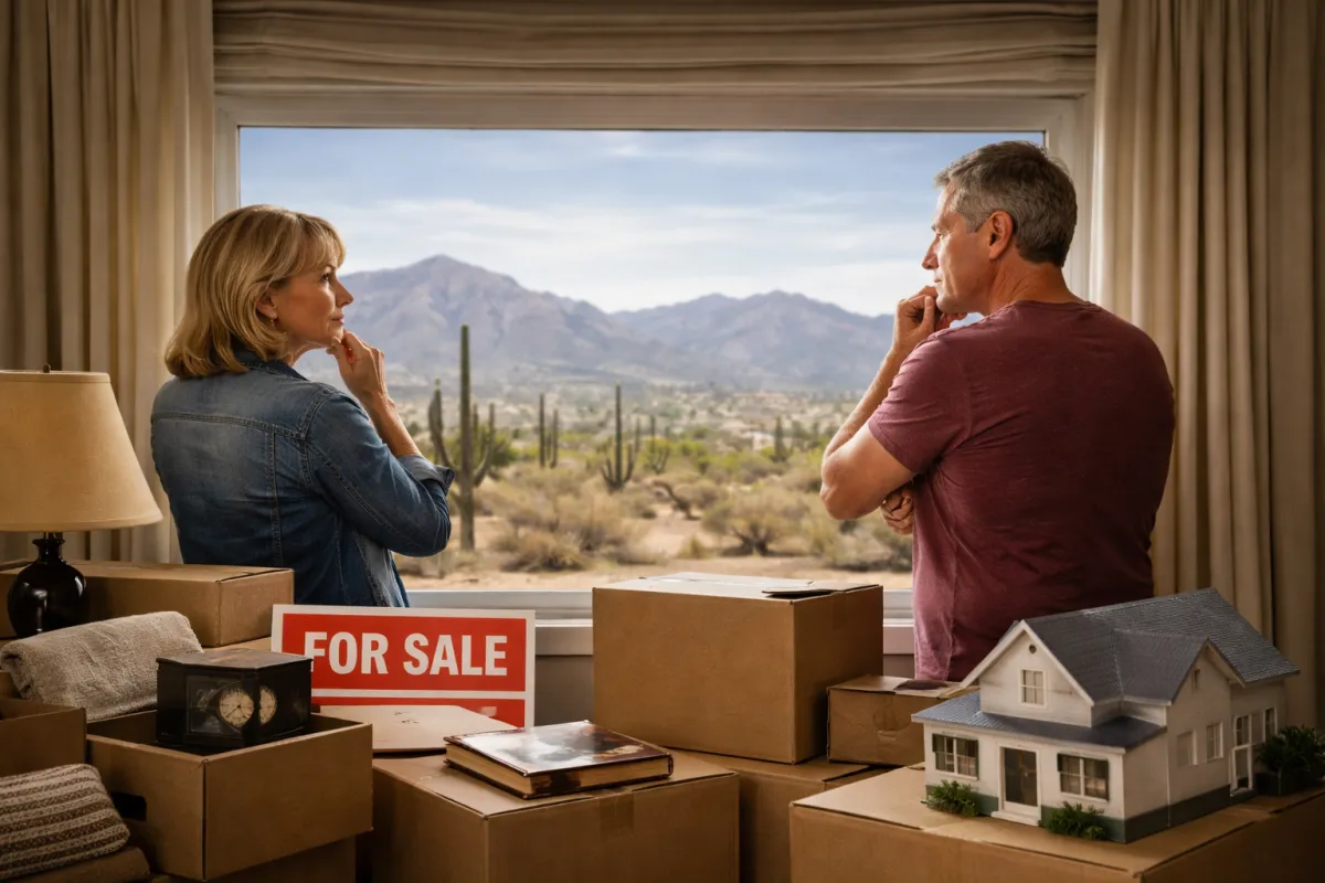 Middle-aged couple in Tucson Arizona home surrounded by moving boxes, considering downsizing with desert landscape view