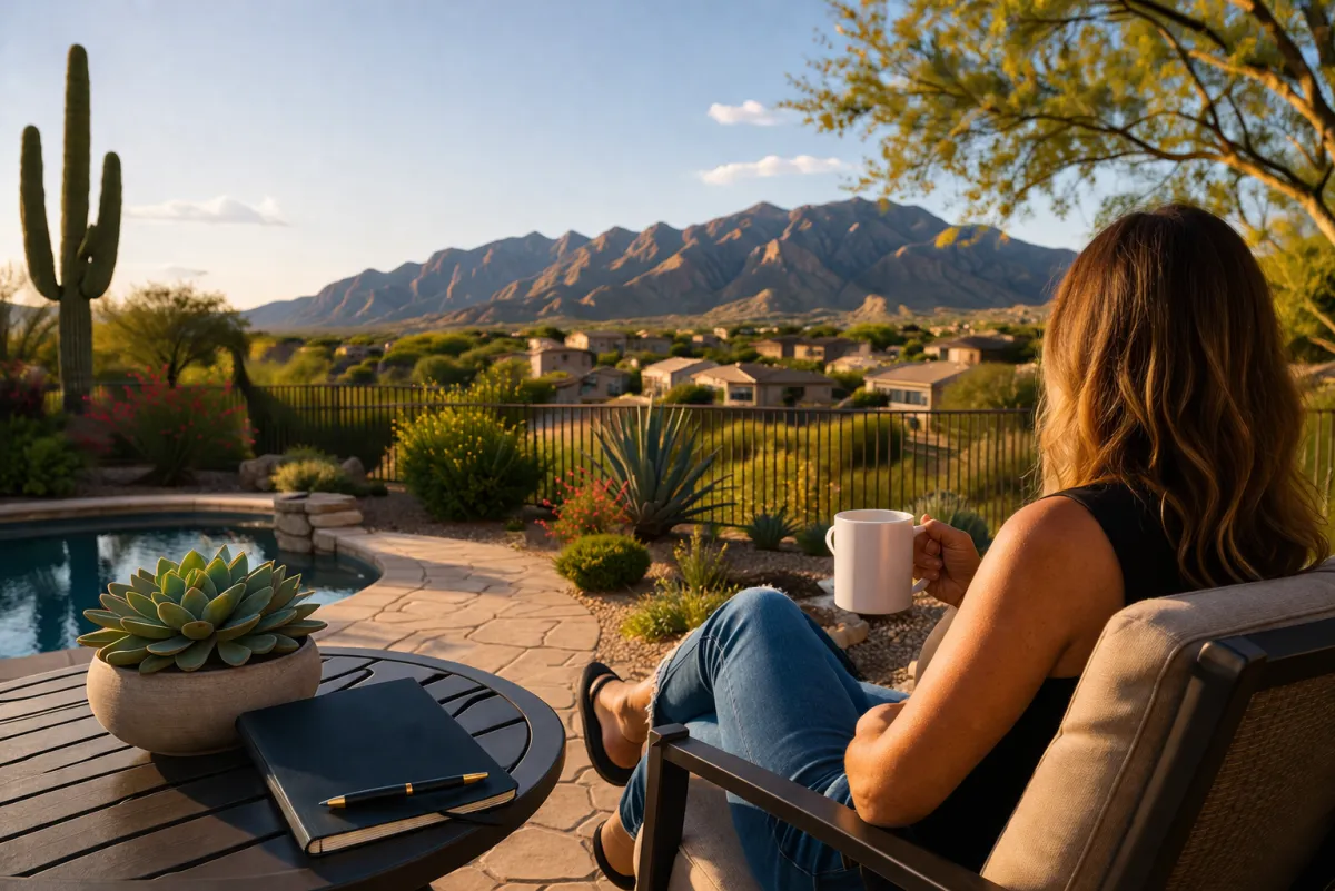 Woman relaxing on a patio overlooking Oro Valley Arizona desert landscape with mountain views, poolside setting, and peaceful suburban homes at sunset