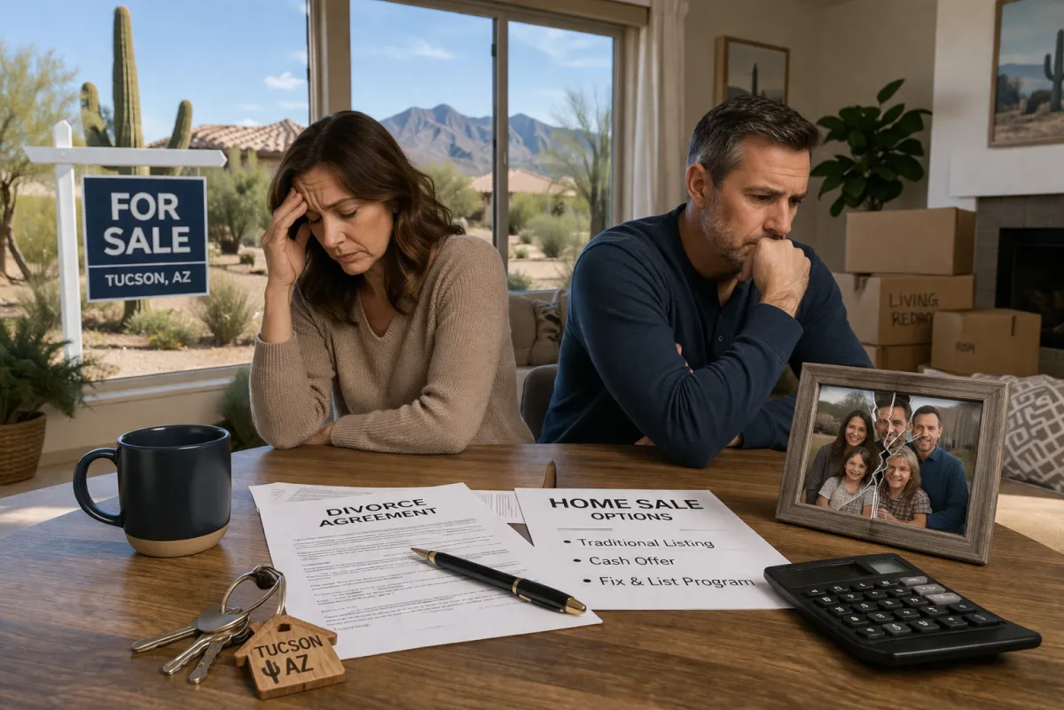 Stressed couple in Tucson Arizona facing divorce while preparing to sell their home with paperwork and moving boxes