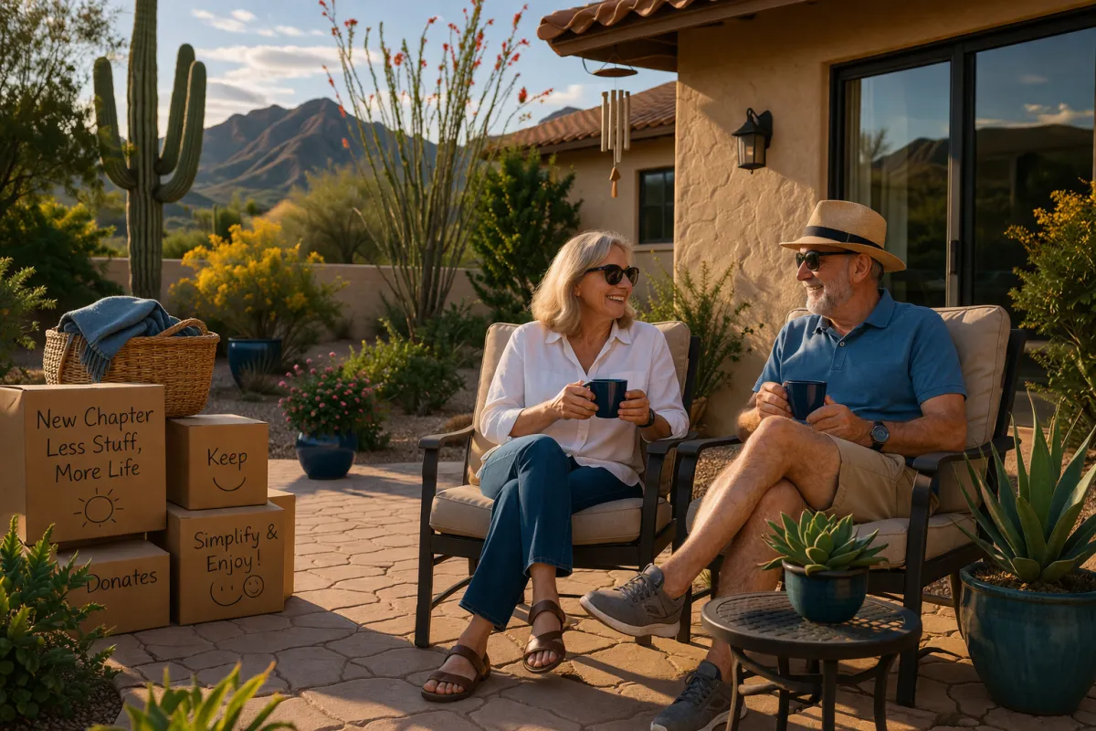 Relaxed older couple enjoying coffee on a patio at sunset in Tucson Arizona with moving boxes nearby, symbolizing downsizing and simplified living in a desert home setting