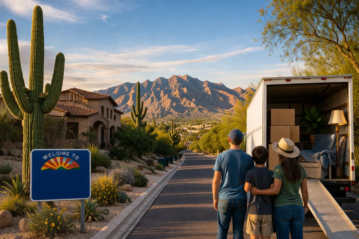 Family moving into a home in Tucson Arizona with desert landscape, mountains, and moving truck during relocation