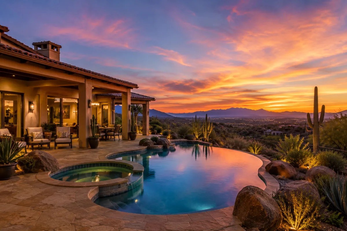 Luxury home in Sahuarita Arizona featuring a resort-style infinity pool, breathtaking desert sunset views, upscale outdoor living space, and elegant Southwestern architecture. Stunning Arizona luxury real estate with mountain scenery, premium backyard design, spa-style patio, and high-end desert landscaping ideal for buyers searching for luxury homes in Tucson, Oro Valley, and Southern Arizona.