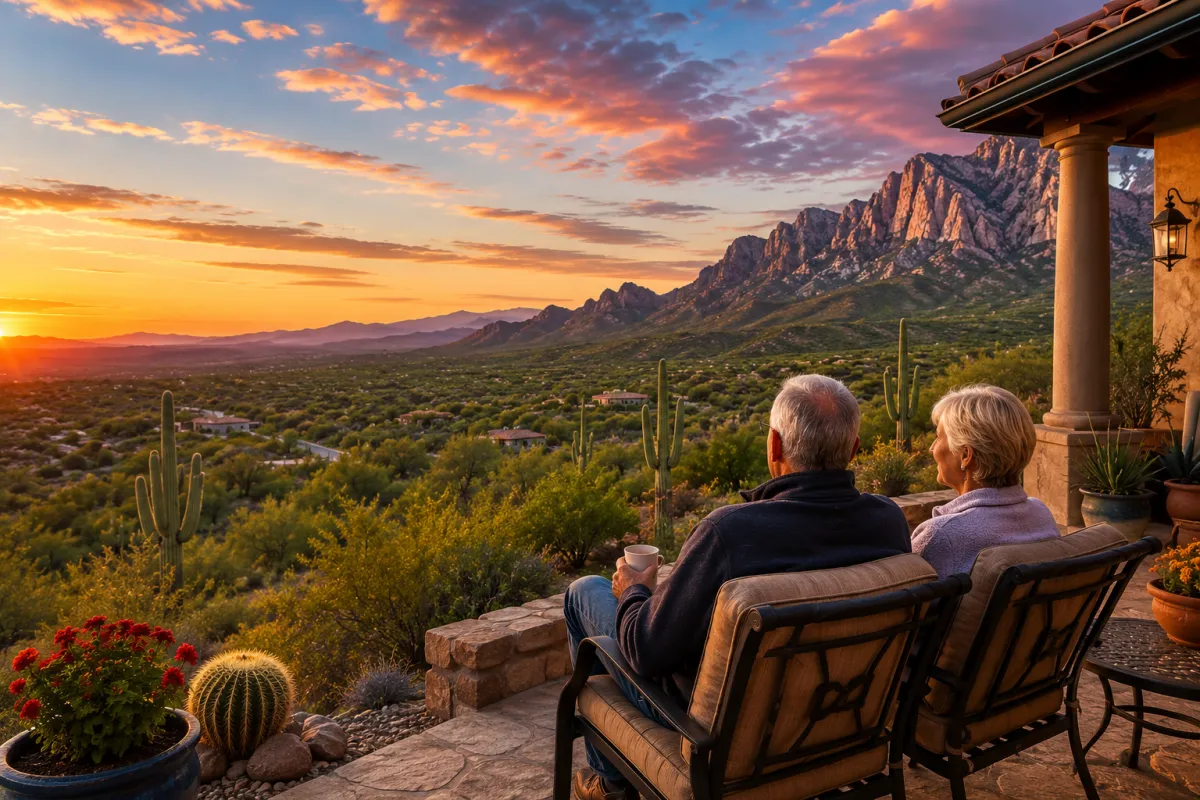 Retired couple enjoying sunset views from a desert patio in Oracle Arizona surrounded by mountains and saguaro cacti, showcasing snowbird and seasonal living near Tucson and Oro Valley for retirees, nature lovers, and stargazers.