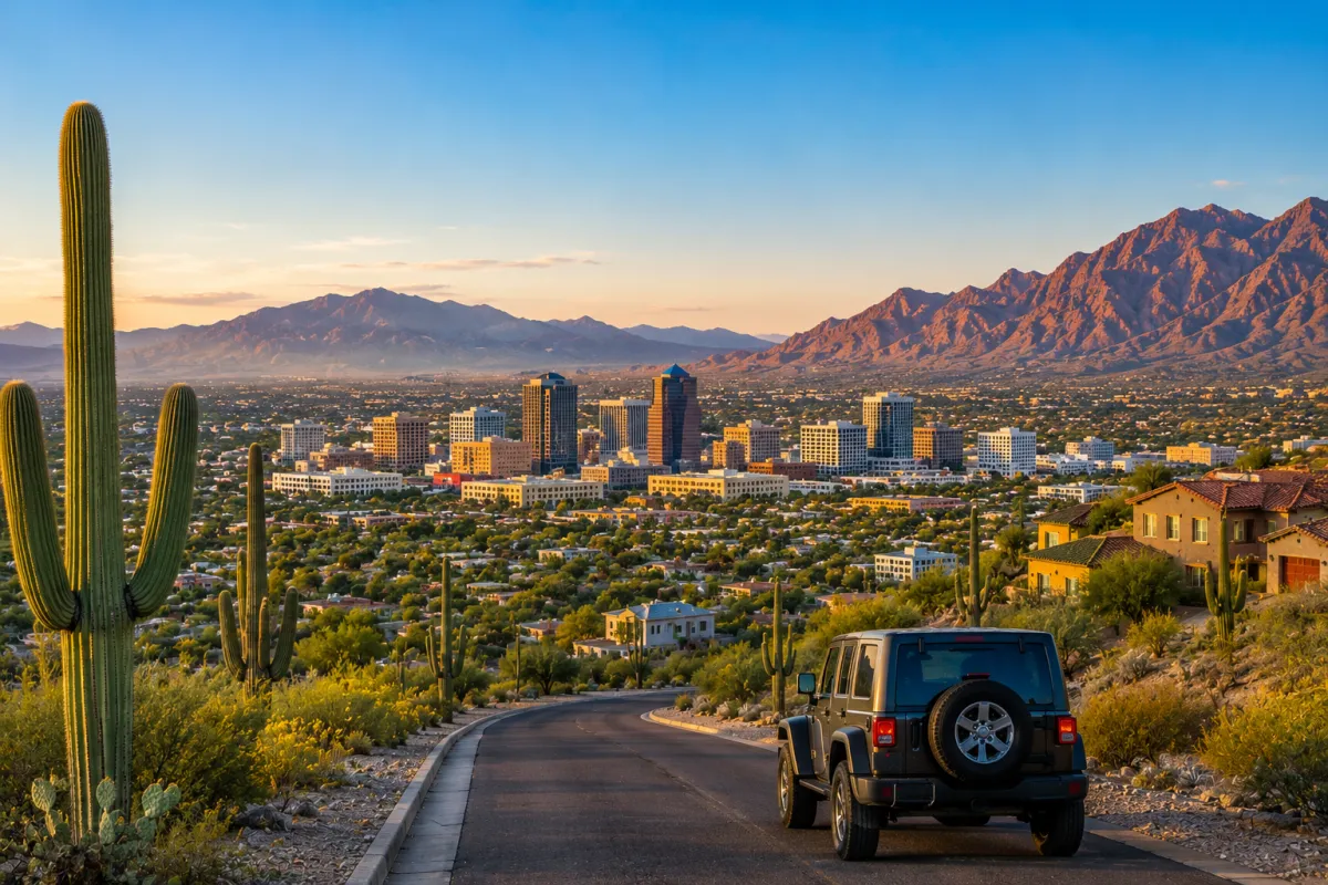 Scenic view of Tucson skyline at sunset with desert landscape, saguaro cacti, mountain views, luxury homes, and Jeep overlooking Southern Arizona real estate communities.