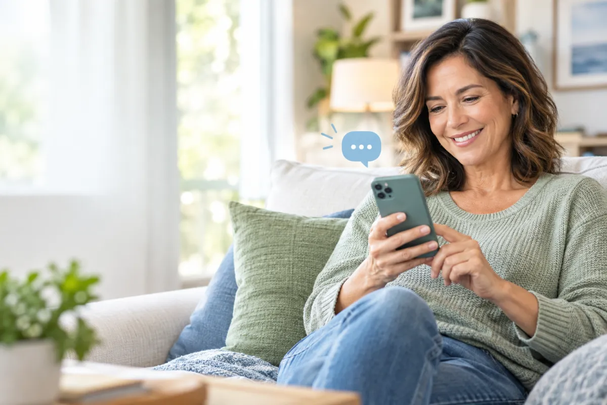 Middle-aged patient relaxing on a sofa at home while using a smartphone to message their primary care provider, representing convenient direct primary care and secure patient communication.
