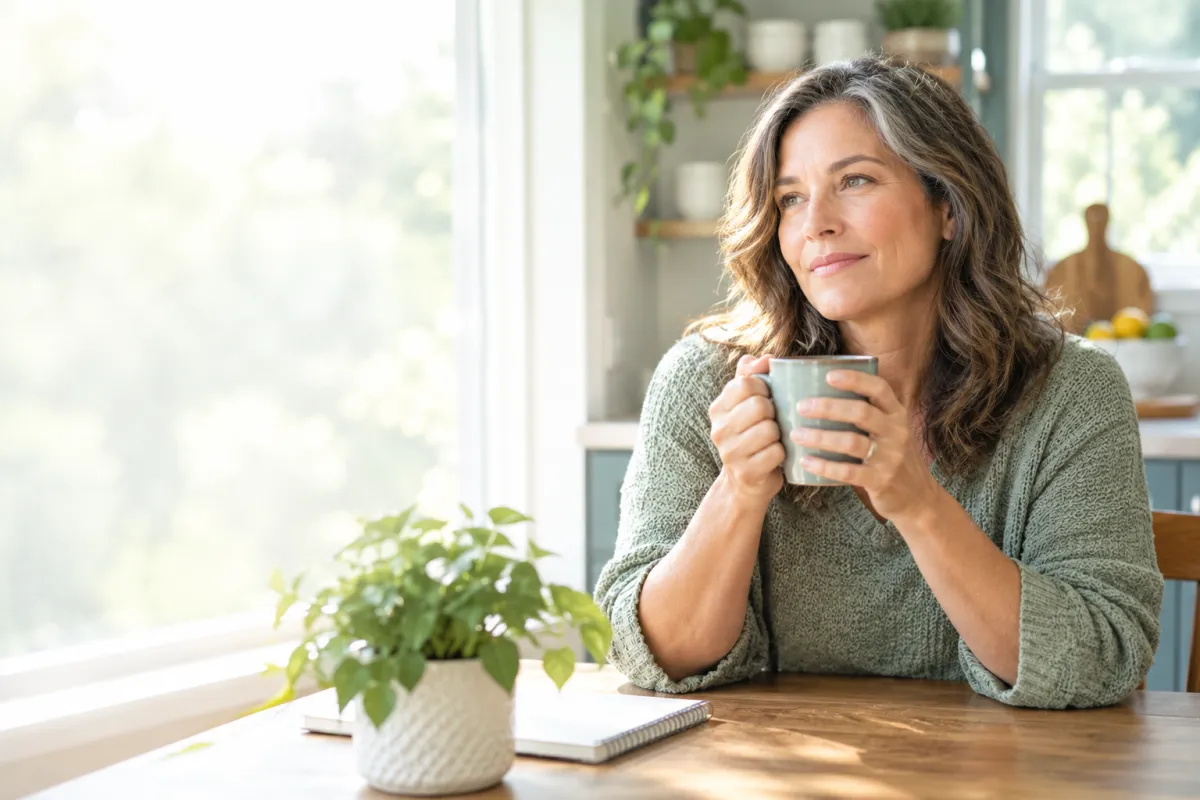 Woman in her 50s sitting at a kitchen table with a coffee mug, reflecting thoughtfully in warm morning sunlight, representing persistent fatigue and hormone health.