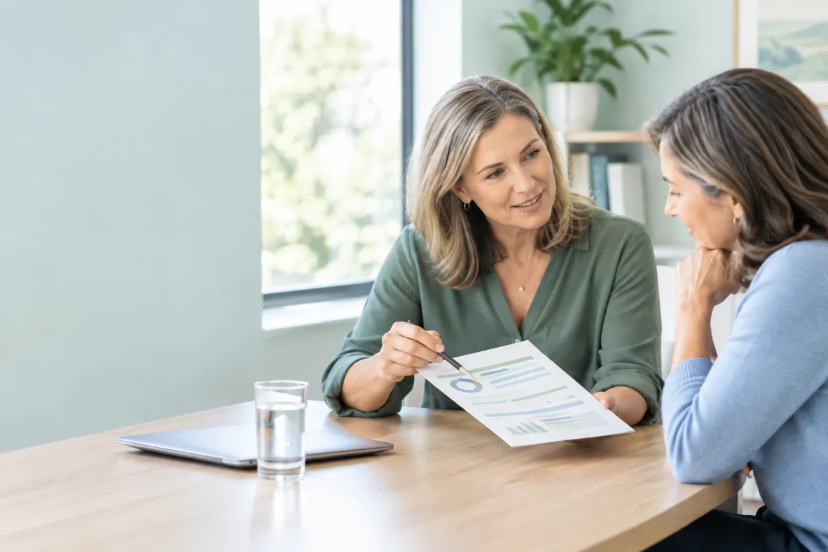 Functional medicine provider explaining lab results to a woman during a consultation.