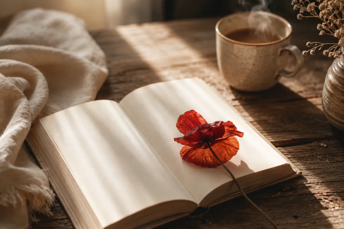Open book on a wooden table with a dried red poppy resting across the pages, warm natural light and soft shadows creating a quiet, reflective mood.