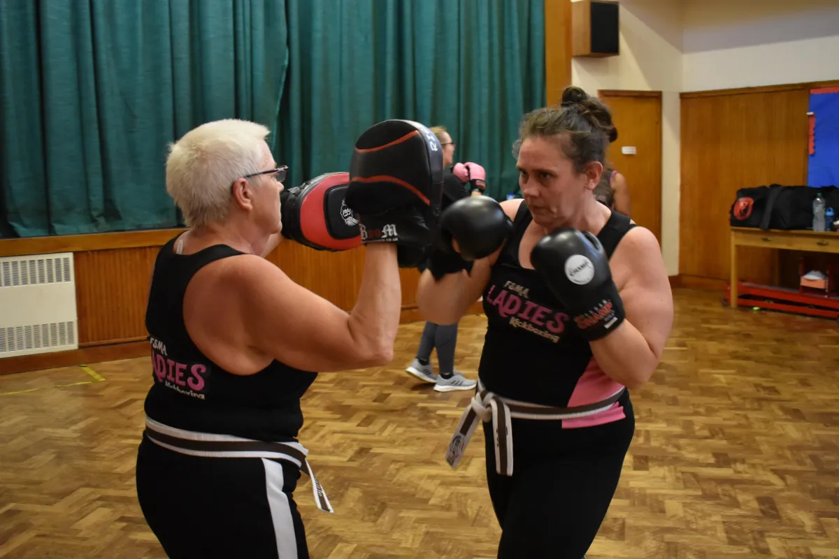 Women training kickboxing in ladies-only class at FSMA Yiewsley