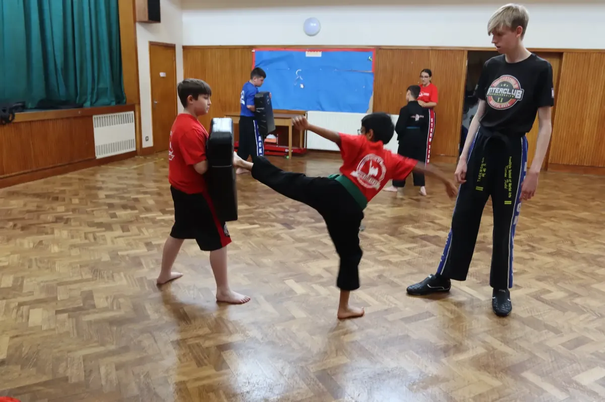 Amazing side kick in the Junior Martial Arts Class