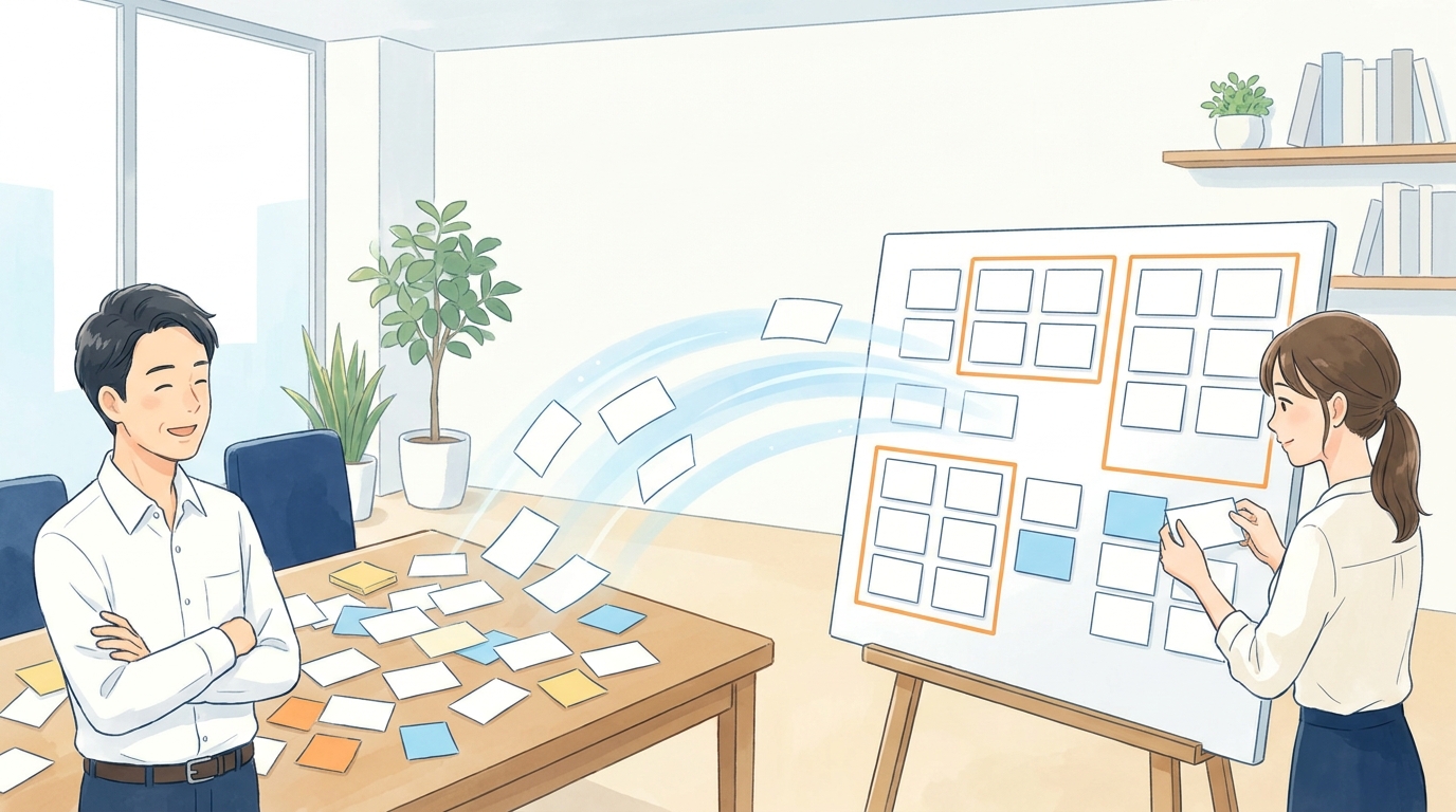 散らかった顧客情報のカードが1枚のボードに整理されていく様子を描いたイラスト