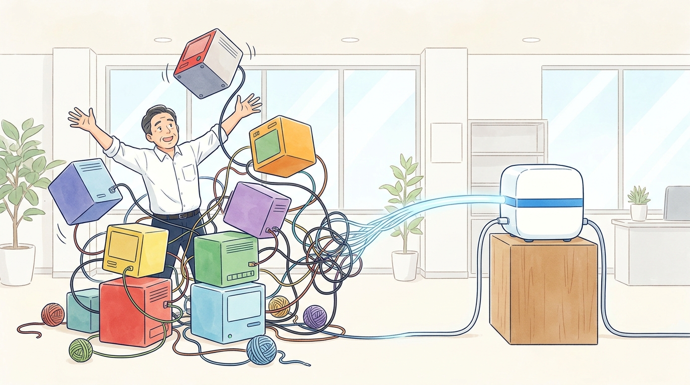 バラバラに契約した道具が1つにまとまっていく様子を描いたイラスト