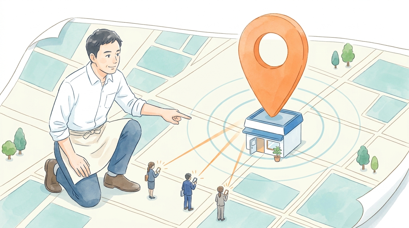 Googleマップ上の店舗にお客様が集まる様子を描いたイラスト