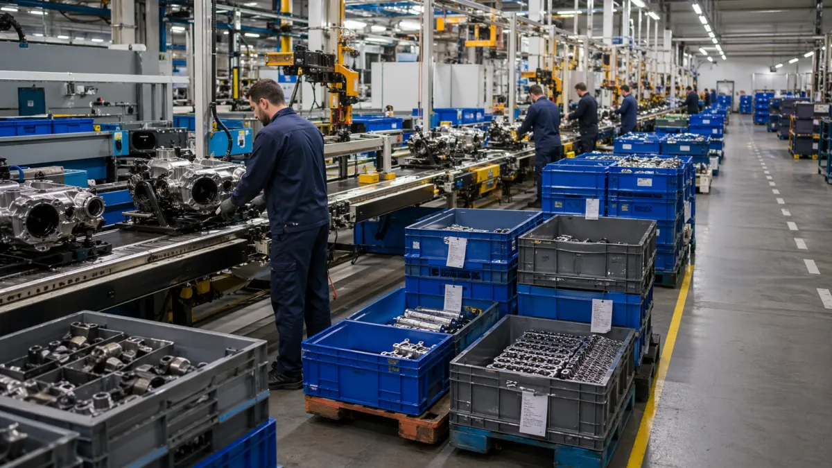Operação industrial, docas e logística desorganizada ou sob pressão, demonstrando gargalos operacionais e falta de controle sobre materiais e racks