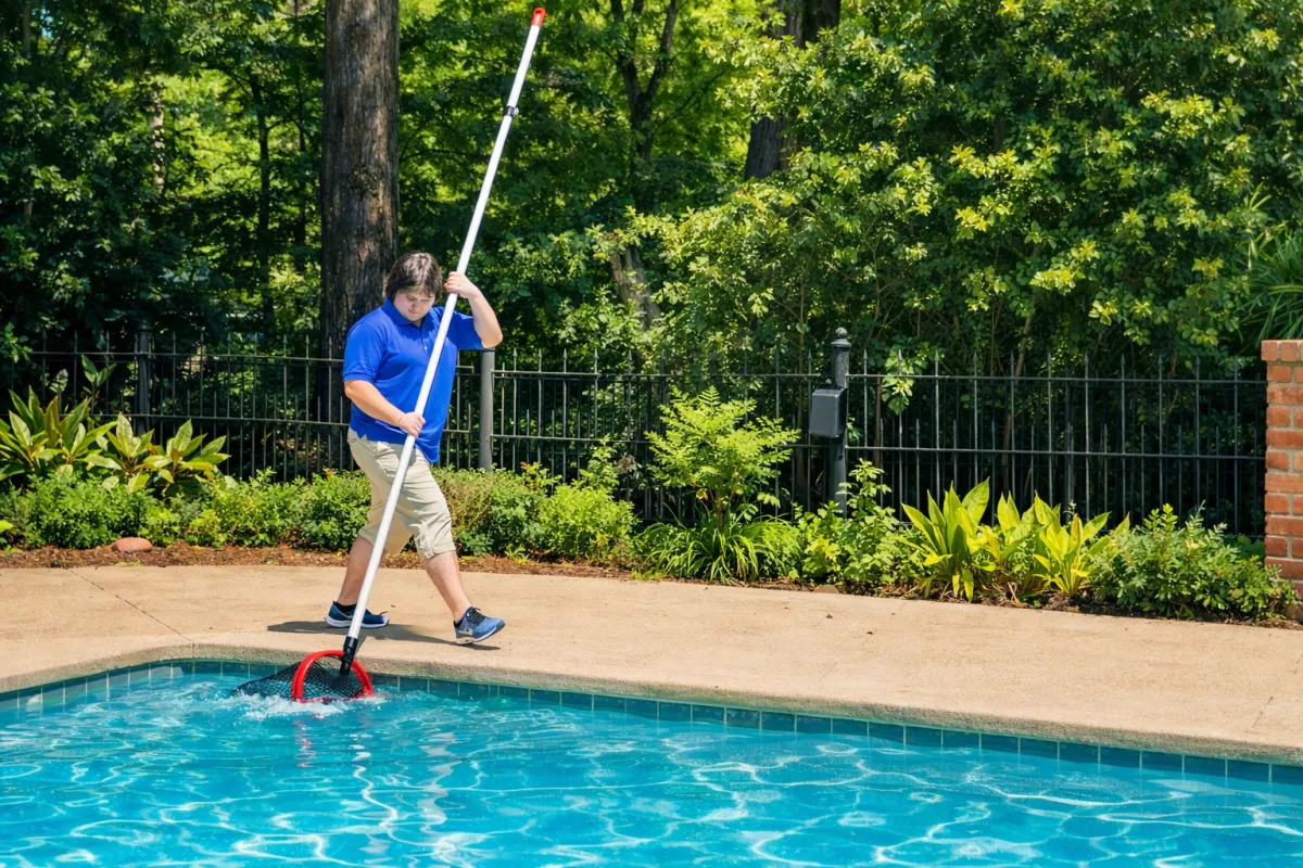An aerial view of a pool surrounded by trees