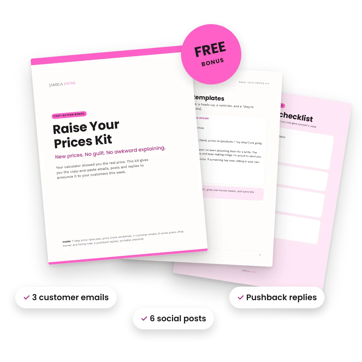 Raise Your Prices Kit fast-action bonus with customer emails, social posts and Facebook replies
