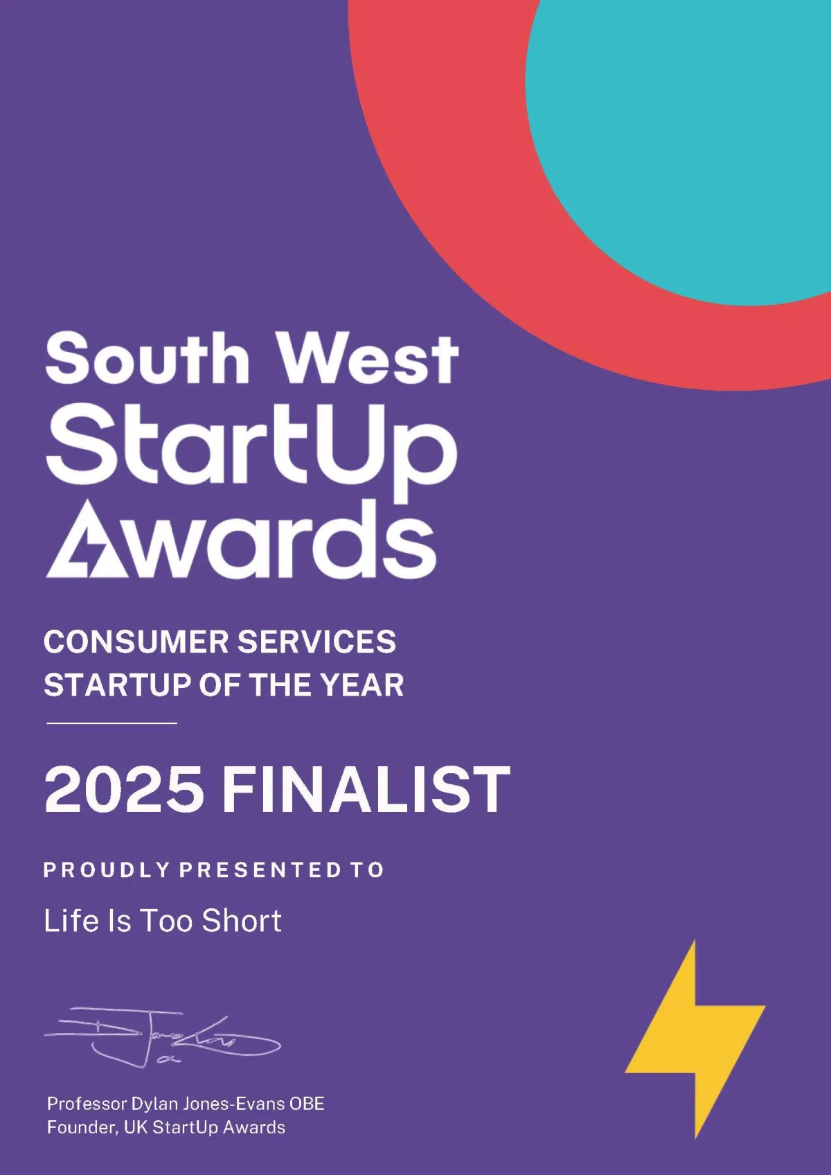 Our official Finalists certificate for the UK StartUp Awards 2025