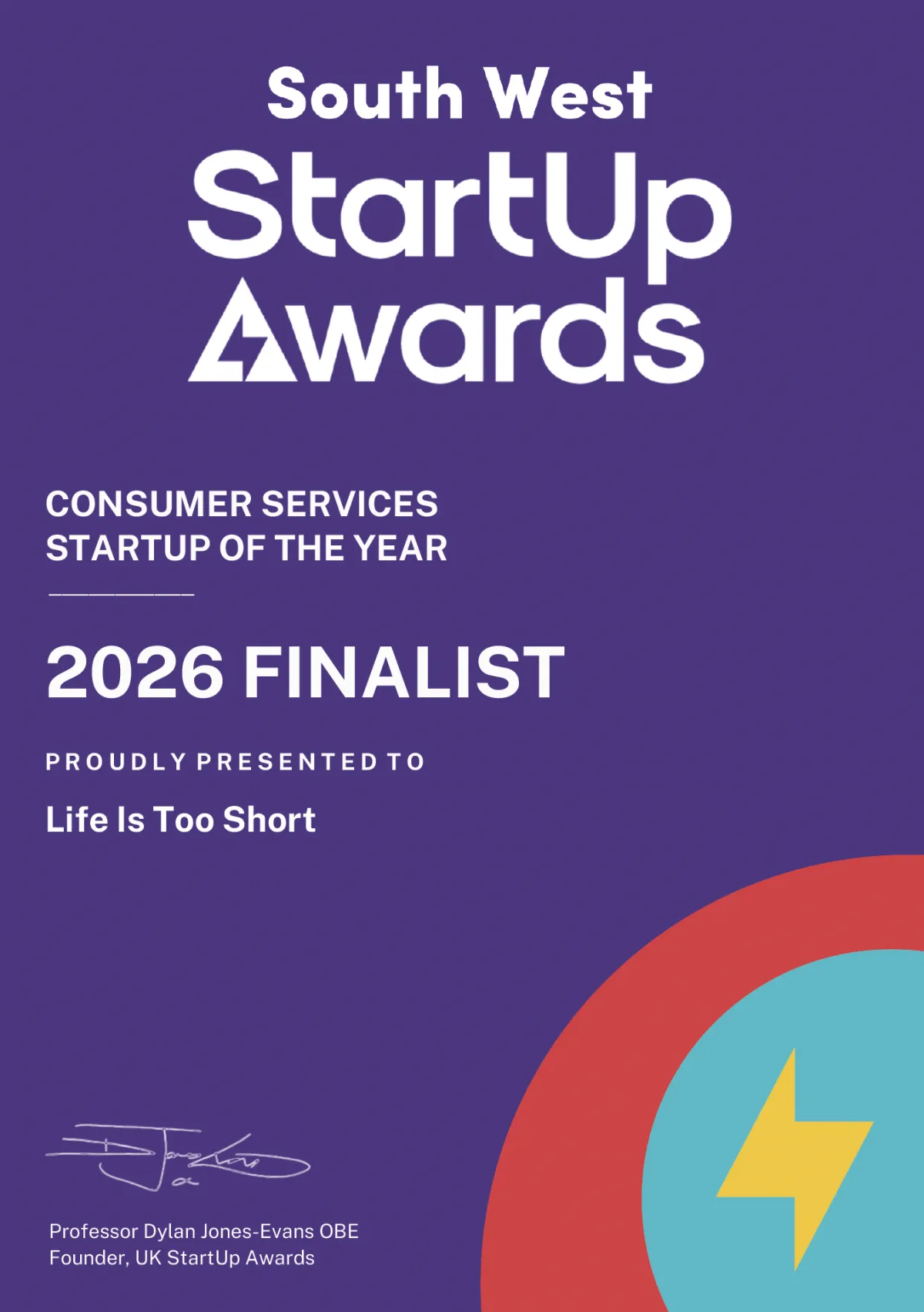 Life Is Too Short Ltd are Finalists in the UK Startup Awards 2026