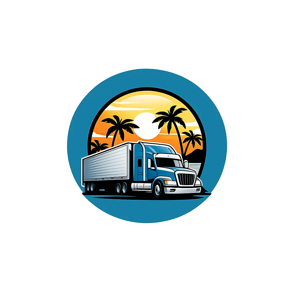 Cartoon of Travel Trailer with Palm Trees and Sunset