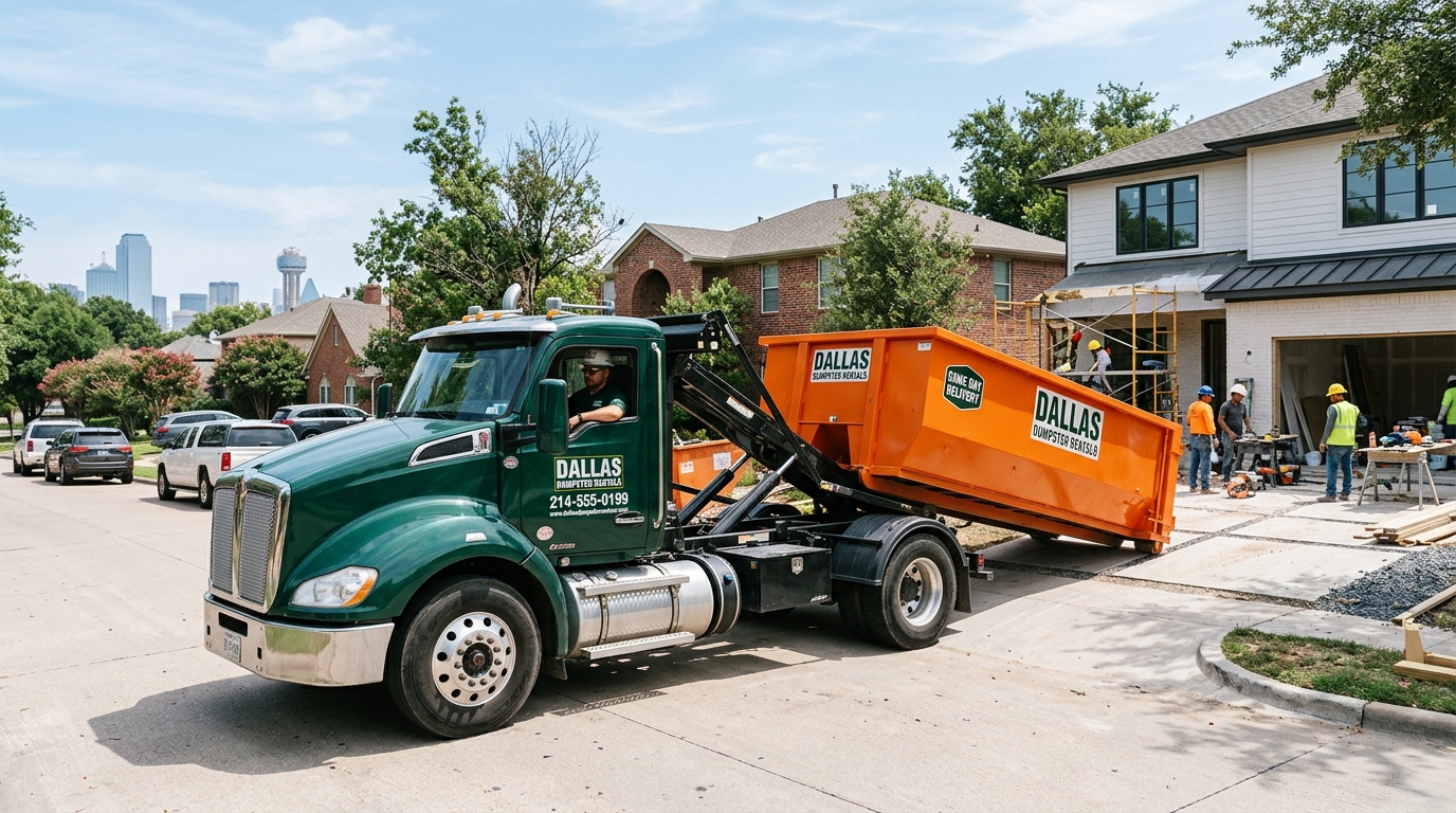 Need a bin fast? Dallas Dumpster Rentals provides same day dumpster rental delivery Dallas DFW area. Book your 10, 15, or 20-yard roll-off online or call 972-645-6731.