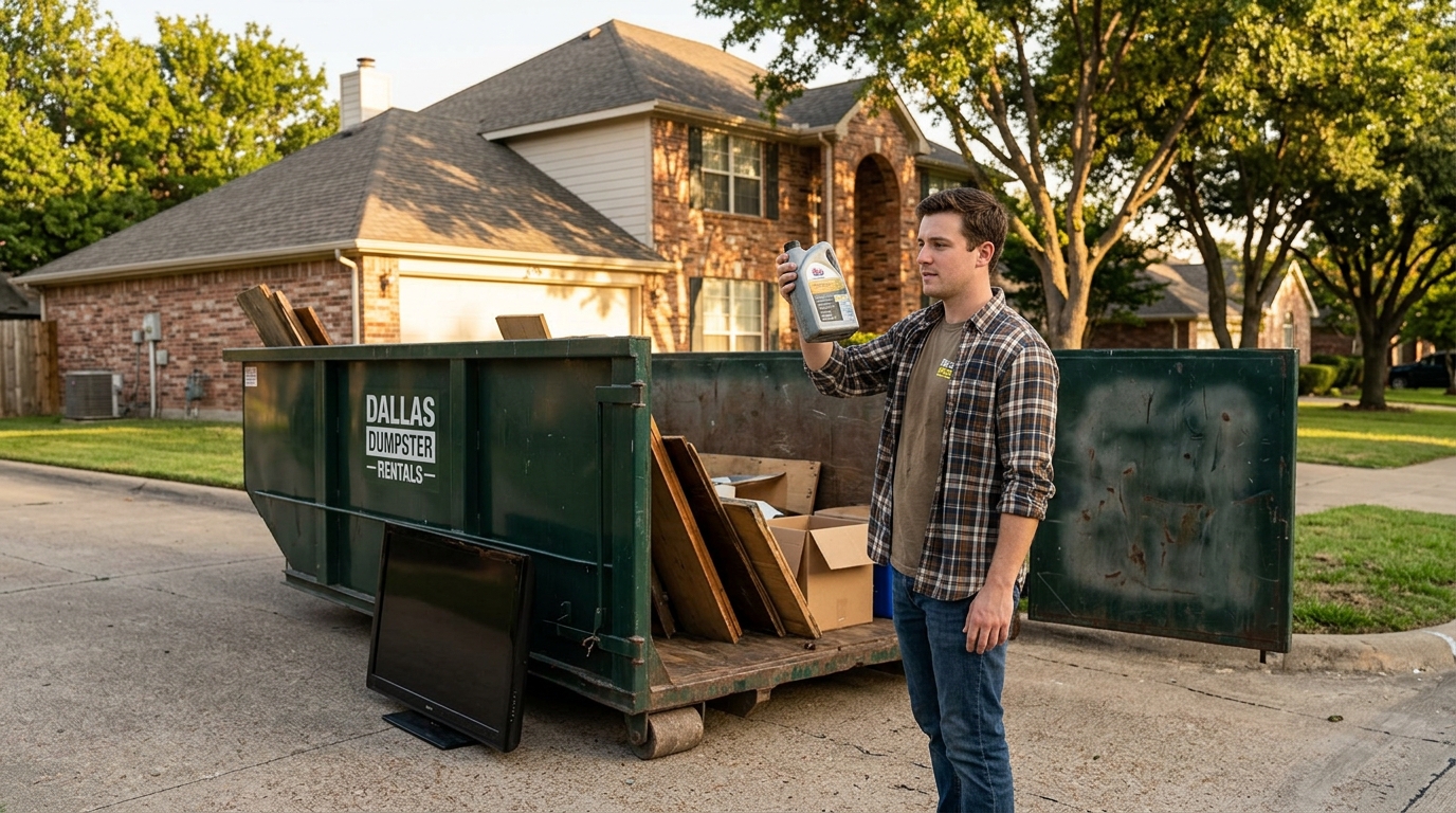 Don't get fined! Learn about the prohibited items for dumpster rentals in Dallas TX. Our guide covers hazardous waste, tires, and DFW disposal rules for homeowners.
