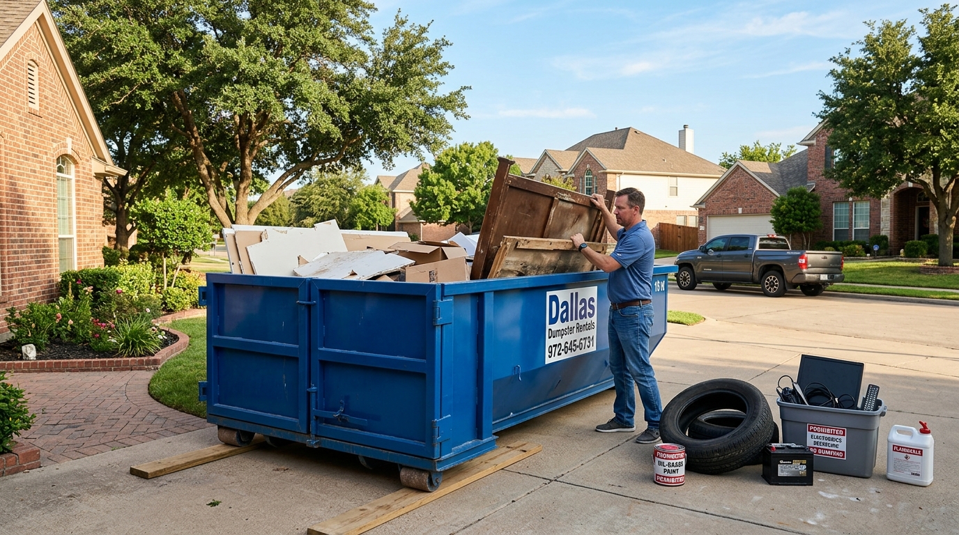 Planning a project? Learn what items are prohibited in a Dallas dumpster rental to avoid fees and stay compliant. Serving Dallas, Richardson, Plano, and DFW.