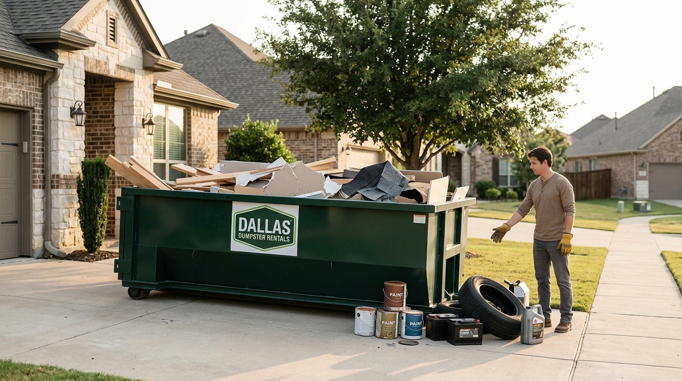 Learn which prohibited items for roll off dumpster rentals in Dallas TX to avoid. Stay compliant with local DFW laws and avoid extra fees on your next rental.