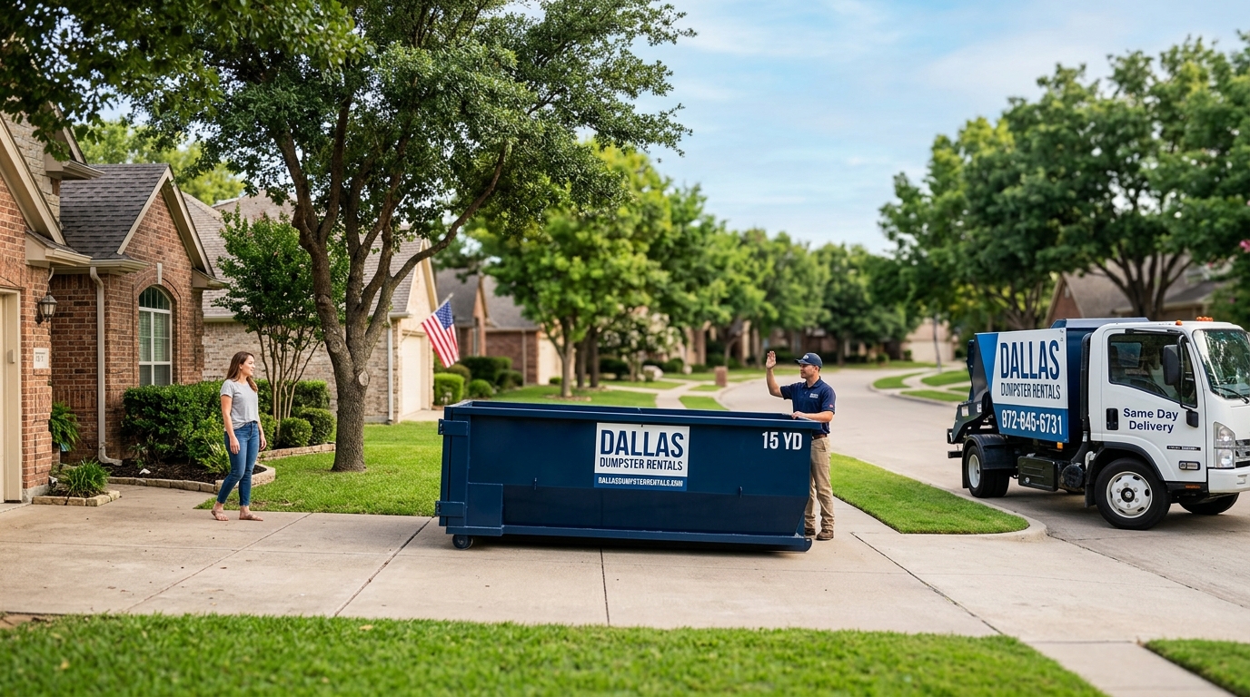 Need a bin fast? Get same day dumpster rental delivery dallas tx from Dallas Dumpster Rentals. We offer 10, 15, and 20-yard roll-off bins for all DFW suburbs.