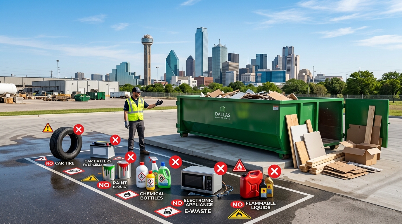 Avoid extra fees by learning about prohibited items for roll off dumpster rentals in Dallas TX. Read our guide for a safe and easy rental experience.