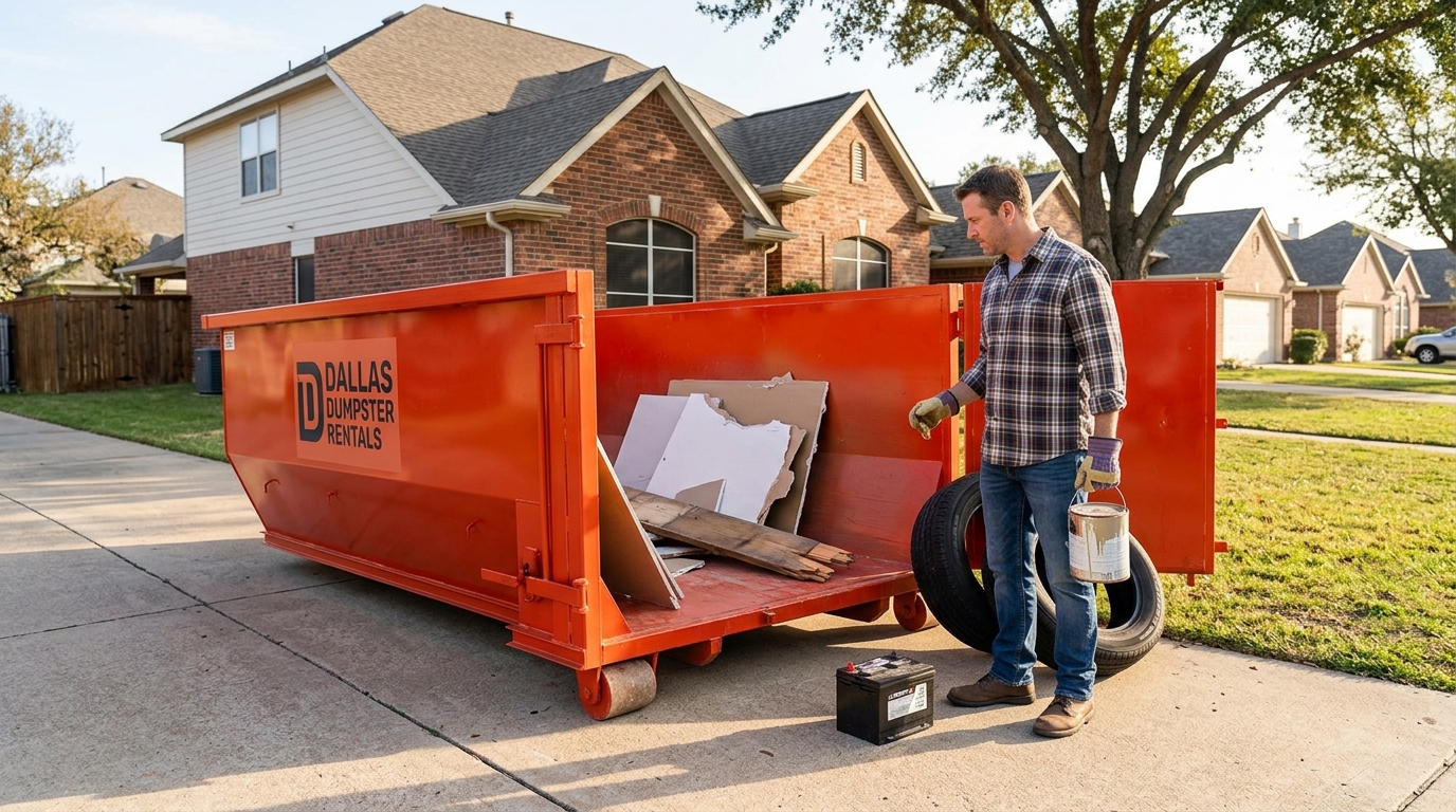 Learn what items are prohibited in dallas dumpster rentals. Avoid fees and stay safe in Dallas, Plano, Richardson, and the DFW area with our expert disposal guide.
