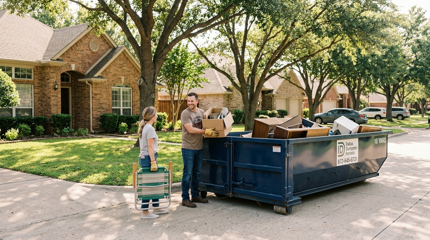 Need a 10 yard dumpster rental for home cleanout Dallas? We offer driveway-friendly roll-off dumpsters in Dallas, Plano, Richardson, and more. Book your rental today!