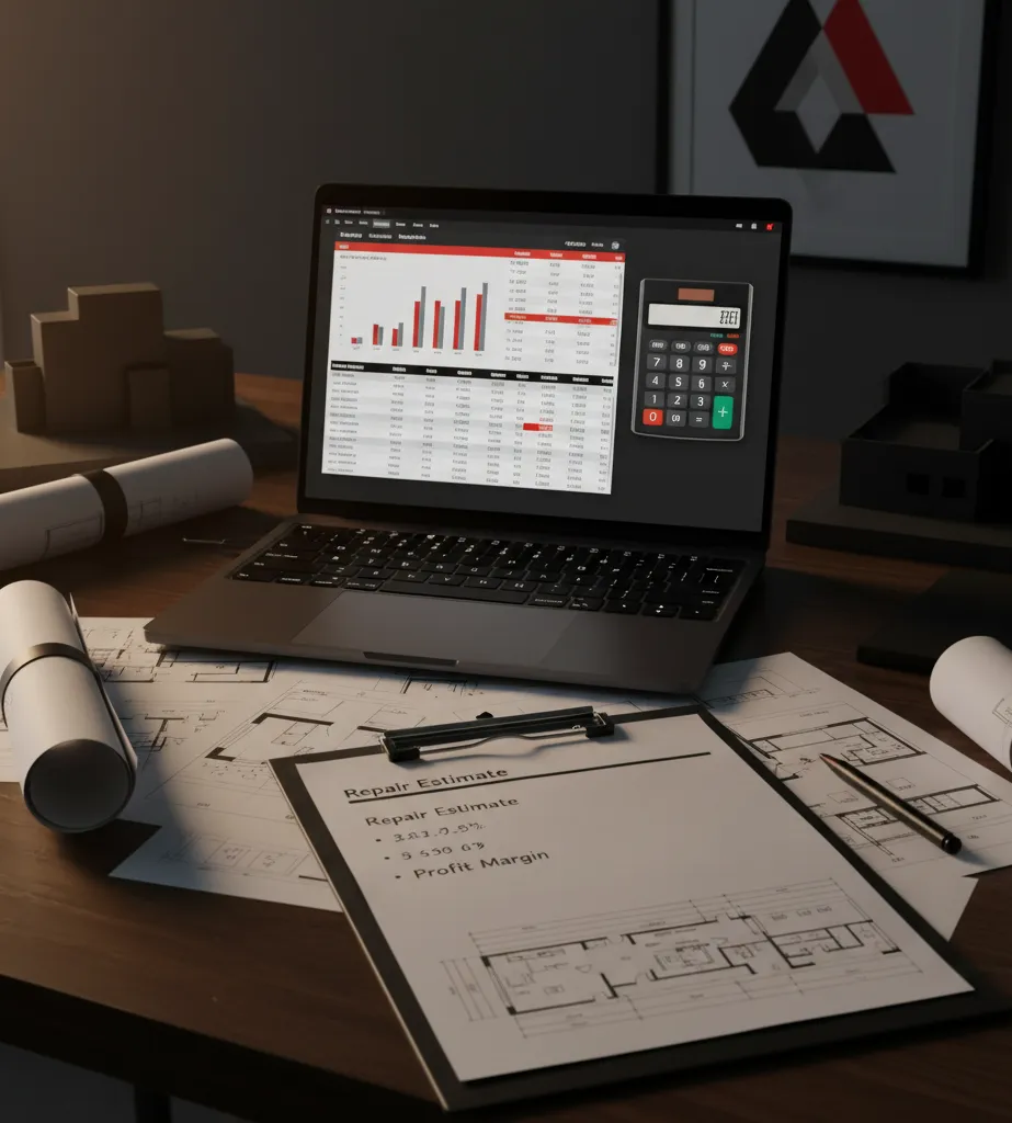 Illustration showing a renovation checklist and calculator UI in warm neutral tones.