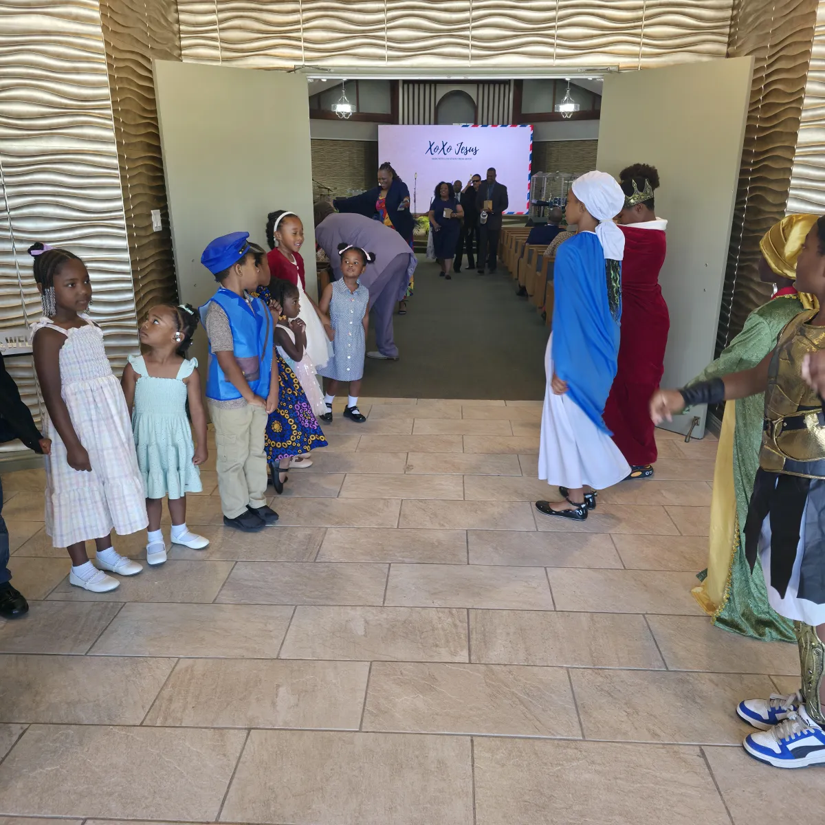 Warm and photorealistic church sanctuary during worship service with children sitting and participating alongside parents and congregation