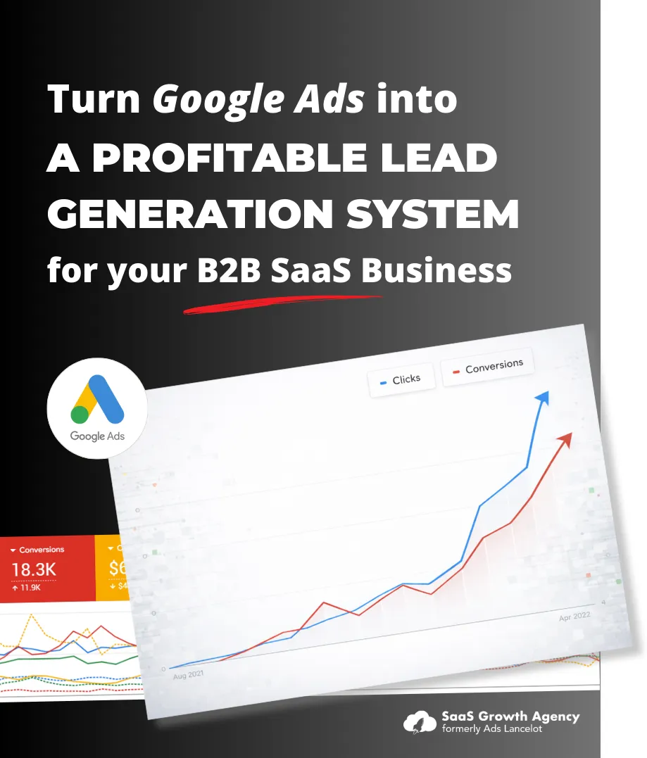 Google Ads logo and graph illustrating clicks and conversions trends for B2B SaaS lead generation system, emphasizing profitable strategies and performance metrics.