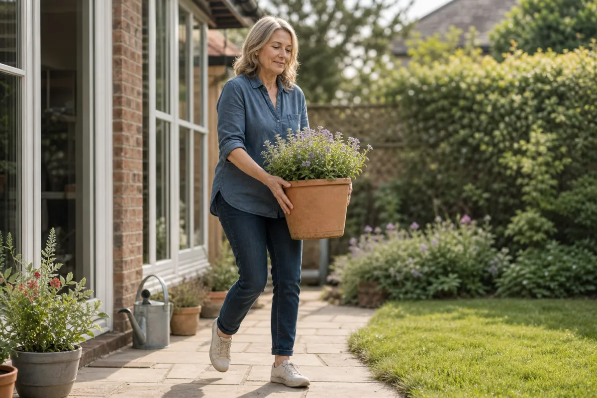A woman confidently navigating a rugged outdoor environment