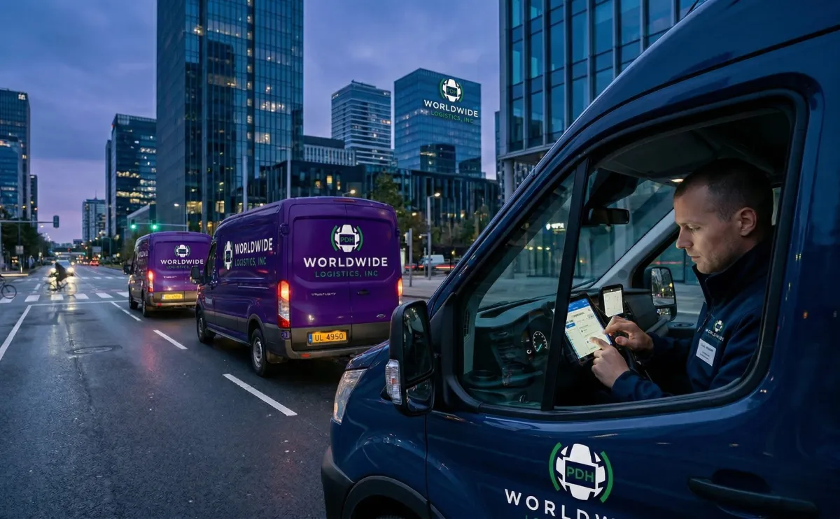 Delivery van in motion on city street
