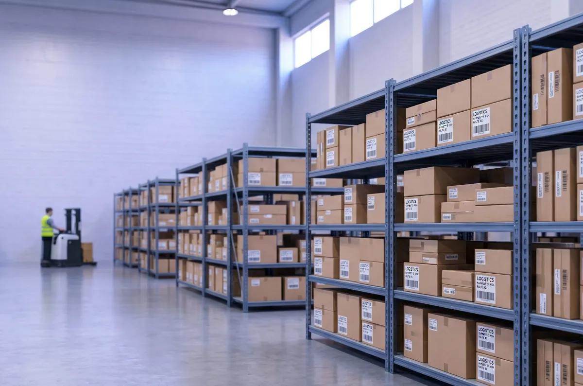 Warehouse staff handling parcels on shelves