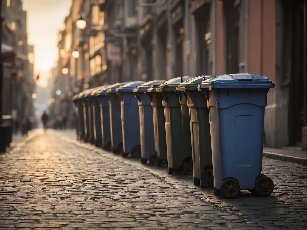 green and blue bins on a paved street
