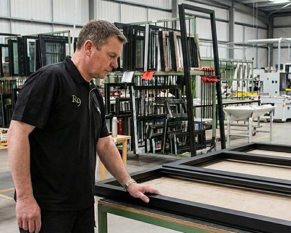 A skilled technician at the Dekko Window Systems factory inspecting a premium black aluminium window frame on a workbench, with racks of black aluminium frames and manufacturing machinery in the background.