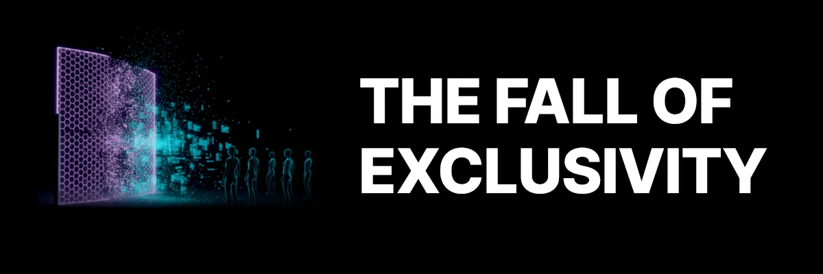 Vibe Trading: The Fall of Exclusivity. A purple data barrier dissolves. Cyan information streams to waiting people.