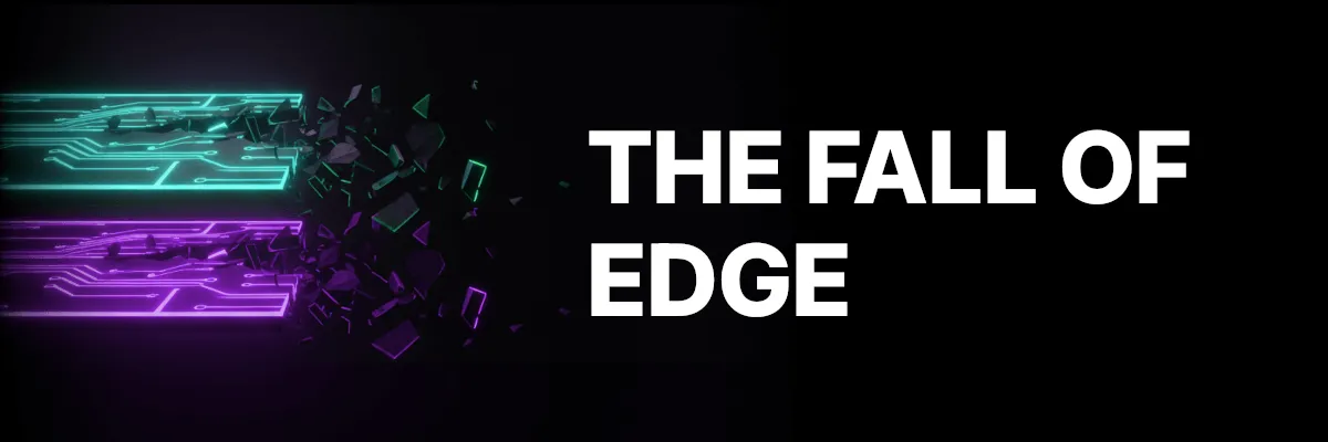 Vibe Trading: The Fall of Edge. Futuristic cyan and purple pathways shatter leaving no path forward.