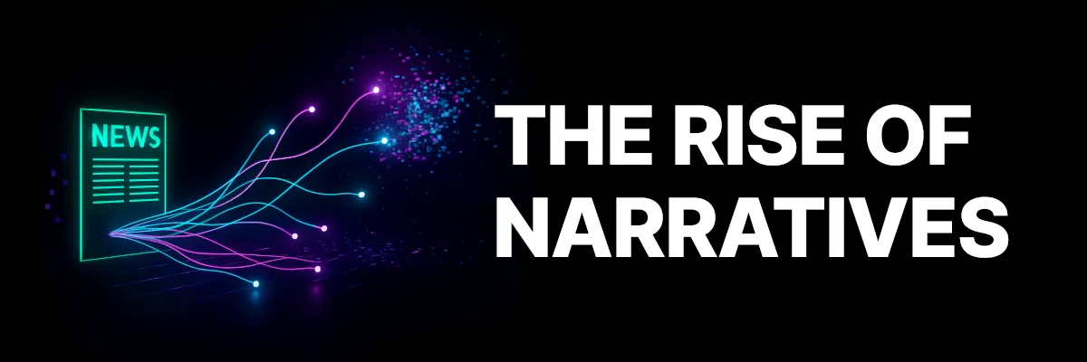 Vibe Trading: The Rise of Narratives. A glowing newspaper emits interweaving streams of cyan and purple narratives.