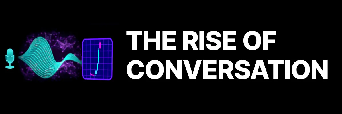 Vibe Trading: Rise of Conversation. Voice terminal with cyan mic and soundwave creates a purple financial dashboard.
